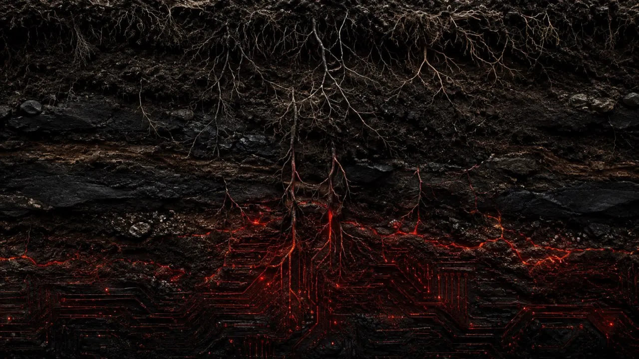 Corte de tierra oscura atravesado por raíces rojas