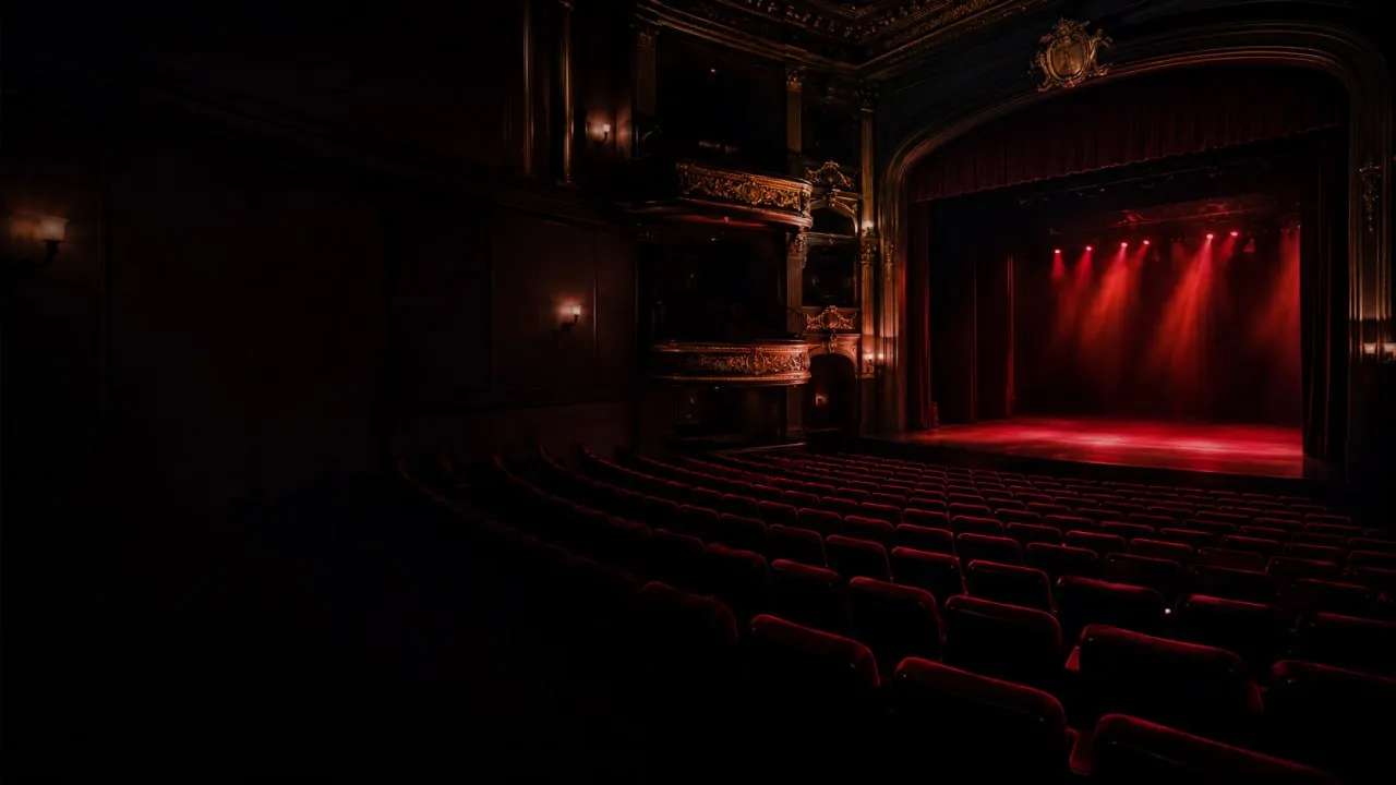 Interior del teatro iluminado con luces rojas