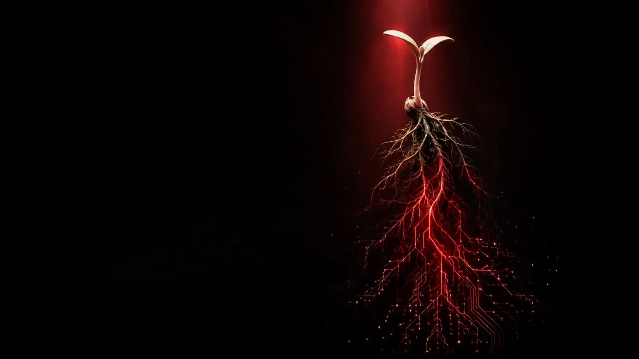 Semilla germinando con raíces rojas luminosas