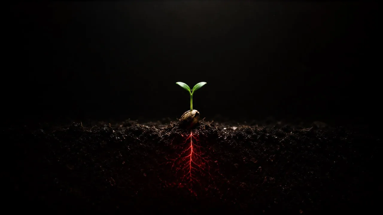 Brote verde emergiendo de tierra oscura con una raíz roja