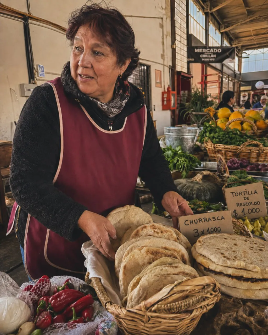 Comerciante en un puesto tradicional del Mercado de Chillán